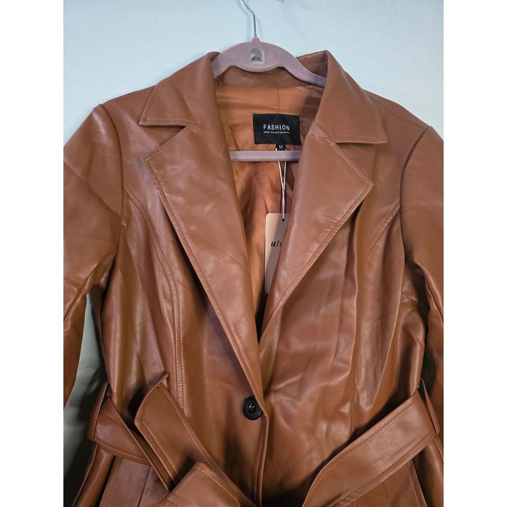 Utcoco Faux Leather Trench Coat Brown Belted Jacket Size M NEW - Picture 5 of 16